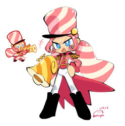 Rule 34 | 1girl, angry smile, black footwear, blue eyes, blush, coat, cookie run, female focus, full body, furrowed brow, hand on own hip, happy, hat, highres, holding, holding instrument, holding tuba, instrument, long hair, marshmallow cookie, multicolored hair, pants, personification, pink coat, pink hair, pink shirt, ponytail, shirt, shoulder pads, sidelocks, smile, strap, tassel, tuba, twintails, two-tone hair, wenyu, white hair, white pants
