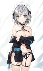 Rule 34 | 1girl, bandaid, bare shoulders, between breasts, black choker, black jacket, black panties, blue eyes, breasts, chest harness, choker, cleavage, collarbone, covering privates, covering breasts, cowboy shot, frilled choker, frills, garter straps, hair ornament, hairclip, harness, jacket, large breasts, looking at viewer, maid headdress, navel, off shoulder, open clothes, open jacket, original, panties, short hair, silver hair, solo, string panties, topless, underwear, yon (letter)
