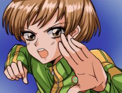 Rule 34 | 1girl, badge, blue background, brown eyes, brown hair, button badge, commentary request, eyelashes, fighting stance, green jacket, hands up, jacket, looking at viewer, multicolored clothes, multicolored jacket, open mouth, persona, persona 4, retro artstyle, satonaka chie, short hair, solo, swept bangs, teeth, track jacket, two-tone jacket, upper body, upper teeth only, v-shaped eyebrows, yellow jacket, yuyuy 00