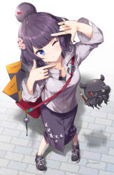 Rule 34 | 1girl, bag, black hair, blunt bangs, calligraphy brush, casual, collarbone, commentary request, contemporary, fate/grand order, fate (series), finger frame, full body, gesture, hair bun, hair ornament, holding, holding paintbrush, katsushika hokusai (fate), katsushika hokusai (traveling outfit) (fate), looking at viewer, octopus, official alternate costume, one eye closed, paintbrush, purple eyes, shoes, short hair, single hair bun, sneakers, solo, standing, tyone