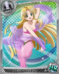 Rule 34 | 10s, 1girl, ahoge, arm up, asia argento, bare shoulders, bishop (chess), blonde hair, bra, breasts, card (medium), character name, chess piece, cleavage, collarbone, eyebrows, green eyes, high school dxd, long hair, looking at viewer, medium breasts, navel, official art, open mouth, pink bra, see-through, shiny skin, solo, strapless, strapless bra, trading card, underwear