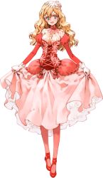 Rule 34 | 1girl, :d, blonde hair, blue eyes, blush, choker, clothes lift, corset, curtsey, dress, dress lift, fianna mellowa, flower, formal, full body, gloves, hair flower, hair ornament, high heels, littlewitch, long hair, official art, ooyari ashito, open mouth, pantyhose, rose, shoes, shoujo mahou gaku littlewitch romanesque, smile, solo, standing, straight-on, transparent background, wavy hair