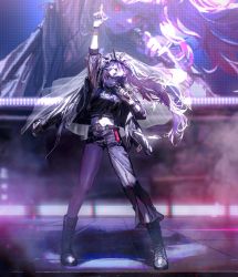 Rule 34 | 1girl, absurdres, asymmetrical legwear, belt, black belt, black footwear, black jacket, black legwear, black shirt, boots, crop top, floating hair, hair behind ear, highres, holding, holding microphone, hololive, hololive english, jacket, looking at viewer, microphone, mori calliope, navel, pink eyes, pink hair, pointing, pointing up, quasarcake, shirt, solo, stage, tiara, veil, virtual youtuber