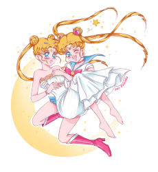 Rule 34 | 2girls, armpits, artist request, bare shoulders, barefoot, bishoujo senshi sailor moon, blue skirt, blush, boots, bracelet, carrying, collared shirt, dango hair ornament, dress, dual persona, eyelashes, facial mark, feet, female focus, fingernails, flying, food-themed hair ornament, forehead mark, full body, gloves, hair ornament, hand on own chest, happy, high heel boots, high heels, highres, jewelry, legs, long hair, long twintails, looking at viewer, miniskirt, moon, moon (symbol), multiple girls, neck, one eye closed, open mouth, parted bangs, princess carry, princess serenity, red footwear, sailor moon, sailor senshi uniform, shirt, skirt, sleeveless, sleeveless shirt, star (symbol), strapless, strapless dress, surprised, symbol, thighs, toenails, toes, tsukino usagi, twintails, very long hair, white dress, white gloves, white shirt, wink