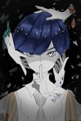 Rule 34 | androgynous, antarcticite, blue eyes, blue hair, disembodied hand, finger to mouth, gem, gender request, golden arms, heterochromia, highres, houseki no kuni, lapis lazuli (houseki no kuni), looking at viewer, phosphophyllite, phosphophyllite (ll), see-through, serious, cinnabar (houseki no kuni), short hair, solo, spoilers, upper body, white eyes