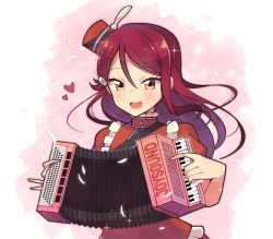 Rule 34 | 1girl, :d, accordion, bad id, bad pixiv id, ceph (greatyazawa1819), feathers, fortissimo, frilled shirt collar, frills, hair ornament, hairclip, half updo, hat, hat feather, heart, highres, instrument, long hair, love live!, love live! sunshine!!, music, musical note, musical note hair ornament, open mouth, pink background, playing instrument, red hair, red hat, red shirt, sakurauchi riko, shirt, short sleeves, smile, solo, upper body, white feathers, yellow eyes
