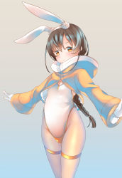 Rule 34 | 1girl, adapted costume, alternate costume, animal ears, blue background, braid, breasts, brown hair, comah, fake animal ears, fake tail, gloves, gradient background, hair between eyes, highres, hood, hooded jacket, jacket, kantai collection, leotard, long hair, orange eyes, pantyhose, playboy bunny, rabbit ears, rabbit tail, single braid, small breasts, solo, souya (kancolle), standing, tail, white gloves, white leotard, yellow jacket
