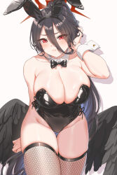 Rule 34 | 1girl, alternate costume, animal ears, arm behind back, bare arms, bare shoulders, black bow, black bowtie, black hair, black hairband, black leotard, black thighhighs, blue archive, bow, bowtie, breasts, cleavage, closed mouth, collarbone, cowboy shot, detached collar, fake animal ears, fangxiang cuoluan, hair between eyes, hairband, halo, hand up, hasumi (blue archive), highleg, highleg leotard, highres, large breasts, leotard, long hair, looking at viewer, low wings, playboy bunny, ponytail, rabbit ears, red eyes, red halo, simple background, solo, thigh gap, thighhighs, thighs, very long hair, white background, wings, wrist cuffs