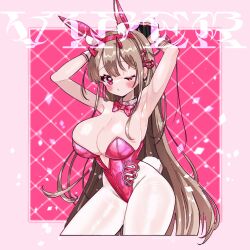 Rule 34 | 1girl, animal ears, armpits, arms up, bare shoulders, blowing kiss, blush stickers, bow, bowtie, breasts, cellphone, character name, cleavage, contrapposto, cropped legs, detached collar, earrings, fake animal ears, fake nails, fake tail, goddess of victory: nikke, highleg, highleg leotard, highres, holding, holding phone, horns, jewelry, large breasts, leotard, light brown hair, long hair, mole, mole under eye, official alternate costume, one eye closed, pantyhose, phone, pink bow, pink bowtie, pink eyes, pink horns, pink leotard, playboy bunny, rabbit ears, rabbit tail, sidelocks, single earring, smartphone, solo, standing, strapless, strapless leotard, tail, uniofthedead, very long hair, viper (nikke), viper (toxic rabbit) (nikke), white pantyhose, wrist cuffs