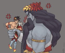 Rule 34 | 2boys, ancient greek clothes, anger vein, angry, artist name, black hair, colored skin, emlan, facial hair, father and son, greco-roman clothes, grey background, grey skin, hades (hades), hades (series), hades 1, holding, laurel crown, male focus, multiple boys, mustache, size difference, skull, zagreus (hades)