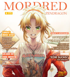 Rule 34 | 1girl, absurdres, blonde hair, fate (series), green eyes, highres, iron maiden (band), mordred (fate), nyungsep, road sign, sign, smile