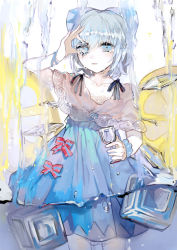Rule 34 | 1girl, blue dress, blue eyes, blue hair, bow, cirno, cup, dress, drinking glass, hair bow, ice, ice wings, kumatangent, looking at viewer, matching hair/eyes, melting, short hair, solo, touhou, wet, wine glass, wings