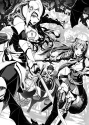 Rule 34 | 1boy, 2girls, animal ears, armor, bat (animal), boots, breastplate, dutch angle, eclair seaetto, fighting, filo (tate no yuusha no nariagari), floating hair, forest, greyscale, helmet, highres, holding, holding shield, holding sword, holding weapon, iwatani naofumi, long hair, minami seira, miniskirt, monochrome, multiple girls, nature, novel illustration, official art, open mouth, pants, pauldrons, raccoon ears, raccoon girl, raccoon tail, raphtalia, shield, shoulder armor, skirt, sword, tail, tate no yuusha no nariagari, thigh boots, thighhighs, very long hair, weapon
