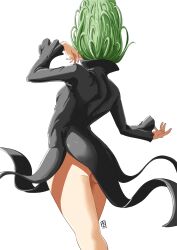 Rule 34 | 1girl, ass, automatic giraffe, black dress, breasts, cowboy shot, dress, facing away, from behind, hair up, hands up, highres, long sleeves, one-punch man, simple background, small breasts, solo, tatsumaki, white background