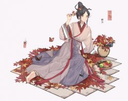 Rule 34 | 1girl, absurdres, anata no utahime (lzr13708949567), anklet, apple, barefoot, black butterfly, black hair, blue butterfly, bowl, bracelet, branch, bug, butterfly, chinese clothes, closed mouth, comb, earrings, fingernails, food, fruit, grapes, green apple, green eyes, green nails, hand up, hanfu, highres, holding, holding branch, insect, jewelry, leaf, long sleeves, looking at viewer, maple leaf, nail polish, on floor, orange butterfly, original, red apple, short hair with long locks, sidelocks, simple background, sitting, slit pupils, smile, solo, stud earrings, toenail polish, toenails, watermelon, watermelon slice, white background, wide sleeves, yokozuwari