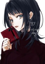 Rule 34 | 1girl, aegyo sal, bang dream!, bang dream! it&#039;s mygo!!!!!, black hair, box, gift, gift box, grey eyes, happy valentine, highres, holding, holding gift, long sleeves, looking at viewer, medium hair, parted lips, red sweater, sidelocks, simple background, sleeves past wrists, solo, sweater, turtleneck, turtleneck sweater, upper body, valentine, white background, yahata umiri, yuno (kurage)