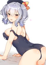 Rule 34 | 10s, 1girl, :d, alternate eye color, arm support, ass, bare arms, bare shoulders, bed sheet, beret, black one-piece swimsuit, blush, bow, breasts, brown eyes, covered erect nipples, eyebrows, from side, hat, hat bow, ichihaya, kantai collection, kashima (kancolle), large breasts, leaning forward, looking to the side, off shoulder, one-piece swimsuit, open mouth, school swimsuit, short hair, short twintails, sideboob, silver hair, simple background, smile, solo, strap slip, swimsuit, twintails, wavy hair, white background, yellow bow