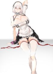 Rule 34 | 1girl, anchor choker, apron, azur lane, bad id, bad pixiv id, breasts, cleavage, crossed bangs, detached sleeves, dress, frills, hair between eyes, hairband, highres, kukikomori, lace-trimmed hairband, lace trim, large breasts, looking at viewer, open mouth, red eyes, ribbon-trimmed legwear, ribbon trim, short hair, sirius (azur lane), sitting, solo, thighhighs, two-tone background, two-tone dress, white dress, white frills, white hair, white thighhighs