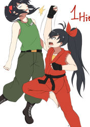 Rule 34 | 2girls, battle, black hair, boots, combat boots, combo counter, cosplay, crossover, dougi, female focus, fight, fingerless gloves, flat chest, ganaha hibiki, gloves, guile, guile (cosplay), idolmaster, idolmaster (classic), ken masters, ken masters (cosplay), long hair, love live!, love live! school idol project, military, multiple girls, naginoya, open mouth, parody, ponytail, punching, short twintails, shouryuuken, street fighter, tank top, twintails, uppercut, yazawa nico
