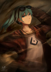 Rule 34 | 1girl, arm up, artist name, black-framed eyewear, closed mouth, collarbone, commentary request, earrings, eyewear on head, glasses, green eyes, green hair, hatsune miku, highres, jacket, jewelry, long hair, long sleeves, looking at viewer, open clothes, open jacket, print shirt, red jacket, shimmer, shirt, signature, solo, suna no wakusei (vocaloid), twintails, vocaloid, white shirt