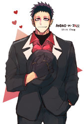 Rule 34 | 1boy, andro m. jazz, black hair, black hat, black suit, blush, character name, dated, earrings, fangs, formal, hand in pocket, hat, heart, highres, jewelry, looking at viewer, mairimashita! iruma-kun, male focus, md5 mismatch, pink eyes, pointy ears, red neckwear, resolution mismatch, ricchan paopao, short hair, solo, source larger, standing, stud earrings, suit, unworn hat, unworn headwear