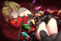 Rule 34 | 1girl, adapted costume, ass, backless dress, backless outfit, bare shoulders, black panties, black ribbon, black thighhighs, blonde hair, closed mouth, commentary request, detached sleeves, dress, flandre scarlet, hair between eyes, hair ribbon, izuru, layered dress, looking at viewer, lying, on stomach, one side up, panties, red dress, red eyes, red ribbon, ribbon, smile, solo, thighhighs, thighs, touhou, underwear, wings
