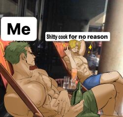 Rule 34 | 2boys, abs, absurdres, bara, blonde hair, bottle, couple, crimcres, crossed legs, curly eyebrows, english text, facial hair, frown, goatee, green hair, hair over one eye, hairy, highres, holding, holding bottle, image macro (meme), large pectorals, male focus, meme, middle finger, multiple boys, muscular, muscular male, navel, navel hair, nipples, one piece, pectorals, photo background, profanity, roronoa zoro, sanji (one piece), scar, scar across eye, short hair, sideburns stubble, sitting, sparkling aura, sparse chest hair, stubble, topless male