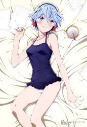 Rule 34 | 10s, 1girl, absurdres, akitsuki fuuka, bare shoulders, blue eyes, blue hair, blush, breasts, cable, camisole, closed mouth, frills, from above, fuuka, hair between eyes, halterneck, hand up, head tilt, headphones, highres, legs together, light smile, looking at viewer, lying, maeda kyousuke, matching hair/eyes, megami magazine, no pants, official art, on back, on bed, panties, paper, scan, short hair, small breasts, smile, solo, underwear, white panties