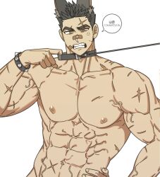 Rule 34 | 1boy, abs, anger vein, bandaid, bandaid on face, bandaid on nose, bara, black hair, clenched teeth, closed eyes, frown, highres, large pectorals, leash, leash in mouth, leash pull, looking at viewer, male focus, muscular, muscular male, na-eun (ejdbvaaqup08jfy), nipples, nude, original, pectorals, scar, scars all over, scratching head, short hair, solo, speech bubble, stomach, teeth, thick eyebrows, too many, scars all over, upper body