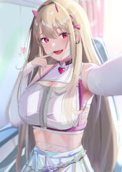 Rule 34 | 1girl, absurdres, bare shoulders, blush, breasts, chain, cleavage, crop top, finger to cheek, fingerless gloves, gloves, goddess of victory: nikke, highres, holographic clothing, horns, jacket, large breasts, light brown hair, long hair, looking at viewer, miniskirt, mole, mole under eye, nail polish, off shoulder, open mouth, oruru63100814, pantyhose, pink horns, pleated skirt, red eyes, selfie, shiny clothes, shiny skirt, sidelocks, skirt, smile, solo, viper (nikke), white gloves, white jacket, white nails, zipper, zipper pull tab