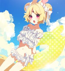 Rule 34 | 1girl, aldin nicola, animal ear fluff, animal ears, arms behind back, bare shoulders, bikini, blonde hair, blue sky, blush, bow, cloud, collarbone, commentary request, day, double bun, dutch angle, forehead jewel, hair bow, hair bun, highres, indie virtual youtuber, innertube, looking at viewer, mamyouda, navel, off-shoulder bikini, off shoulder, open mouth, outdoors, puffy short sleeves, puffy sleeves, purple eyes, short eyebrows, short hair, short sleeves, sky, solo, standing, swim ring, swimsuit, thick eyebrows, v-shaped eyebrows, virtual youtuber, white bikini, white bow