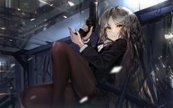 Rule 34 | 1girl, absurdres, against wall, alternate costume, arknights, black jacket, black skirt, brown hair, brown pantyhose, fartooth (arknights), feather hair, formal, gun, handgun, highres, holding, holding gun, holding weapon, indoors, jacket, knee up, long hair, long sleeves, miniskirt, office lady, pantyhose, parted lips, pencil skirt, pistol, ribiadan, sitting, skirt, solo, suit, thighs, trigger discipline, v-shaped eyebrows, very long hair, weapon, yellow eyes