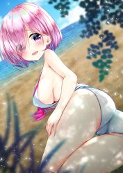 Rule 34 | 1girl, ass, bare arms, bare shoulders, blue sky, blurry, blurry foreground, blush, breasts, cameltoe, cloud, commentary request, day, depth of field, dress, dutch angle, eyes visible through hair, fate/grand order, fate (series), hair over one eye, hand on leg, hand on own thigh, heart, heart-shaped pupils, highres, horizon, large breasts, looking at viewer, looking to the side, mash kyrielight, mash kyrielight (swimsuit of perpetual summer), ocean, official alternate costume, open mouth, outdoors, pink hair, purple eyes, sawa (sawasaku), short hair, sky, solo, symbol-shaped pupils, thigh gap, water, white dress