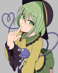 Rule 34 | 1girl, arched back, black hat, collarbone, finger to mouth, frilled shirt, frilled shirt collar, frilled sleeves, frills, from above, green eyes, green hair, green shirt, green skirt, grey background, hair between eyes, hat, hat ribbon, heart, heart of string, komeiji koishi, long sleeves, looking at viewer, marsen, ribbon, shirt, simple background, skirt, solo, third eye, touhou, wide sleeves, wing collar
