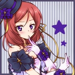 Rule 34 | 10s, 1girl, bare shoulders, blush, border, finger to mouth, gloves, hat, looking at viewer, love live!, love live! school idol festival, love live! school idol project, lowres, nishikino maki, nora-toro, pink gloves, purple eyes, red hair, short hair, solo, star (symbol), striped, striped background, upper body, vertical stripes