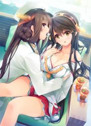 Rule 34 | 2girls, admiral (kancolle), admiral (kancolle) (cosplay), bare shoulders, black hair, breasts, brown hair, cleavage, collarbone, cosplay, double bun, dutch angle, hair between eyes, hair bun, hairband, hakama, hakama short skirt, hakama skirt, hand up, haruna (kancolle), hat, headgear, ice, ice cube, ichikawa noa, japanese clothes, kantai collection, kongou (kancolle), large breasts, long hair, long sleeves, looking at viewer, military, military uniform, mouth hold, multiple girls, nontraditional miko, parted lips, peaked cap, purple eyes, red skirt, sidelocks, sitting, skirt, smile, tareme, thighs, uniform, yellow eyes