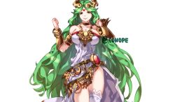 Rule 34 | bare shoulders, clenched hands, commission, conope, dress, forehead jewel, gauntlets, gold necklace, green eyes, green hair, kid icarus, kid icarus uprising, long hair, looking at viewer, necklace, nintendo, palutena, smile, solo, thighhighs, very long hair, white dress