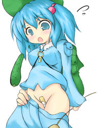 Rule 34 | 1girl, backpack, bad id, bad pixiv id, bag, bandaid, bandaid on pussy, blue eyes, blue hair, blush, cattail, clothes pull, cucumber, female focus, hat, kawashiro nitori, key, looking at viewer, matching hair/eyes, no panties, open mouth, plant, randoseru, scplanes, short hair, simple background, skirt, skirt pull, solo, touhou, two side up, white background