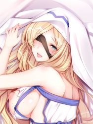 Rule 34 | 1girl, bakugadou, bare shoulders, blindfold, blindfold slip, blonde hair, blush, breasts, commentary request, dress, goblin slayer!, large breasts, long hair, nipples, no bra, sideboob, solo, sword maiden, torn clothes, white headwear