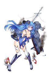 Rule 34 | 1girl, anti-aircraft, anti-aircraft gun, blue hair, blush, boots, cannon, covering breasts, covering privates, damaged, detached sleeves, fire, hat, high heel boots, high heels, highres, mecha musume, official art, personification, pleated skirt, quincy (warship girls r), radar, red eyes, school uniform, serafuku, skirt, smoke, smokestack, solo, tears, thigh boots, thighhighs, torn clothes, turret, uss quincy (zhan jian shao nyu), warship girls r, white thighhighs, zhenming