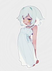 Rule 34 | 1girl, banananosongen, bare shoulders, blush, commission, cropped legs, dress, highres, looking to the side, open mouth, original, see-through silhouette, short hair, skeb commission, solo, sundress, tan, white dress, white hair, yellow eyes
