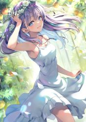 Rule 34 | 1girl, :d, blue eyes, breasts, dress, hair between eyes, head wreath, jewelry, long hair, looking at viewer, necklace, open mouth, original, purple hair, sleeveless, sleeveless dress, small breasts, smile, solo, tomose shunsaku, white dress