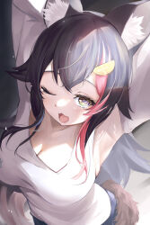 Rule 34 | 1girl, ;o, animal ears, armpits, asymmetrical clothes, asymmetrical shirt, black hair, black shorts, breasts, cleavage, commentary, detached sleeves, flipped hair, from above, hair ornament, hairclip, highres, hololive, large breasts, long hair, long sleeves, looking at viewer, morning, multicolored hair, official alternate costume, one eye closed, ookami mio, ookami mio (casual), open mouth, red hair, samu (sam deg369), shirt, shorts, single-shoulder shirt, single detached sleeve, solo, spiked hair, streaked hair, stretching, sunlight, tail, very long hair, virtual youtuber, waking up, white shirt, wolf ears, wolf girl, wolf tail, yawning, yellow eyes