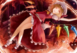 Rule 34 | 1girl, arctic, arms up, ascot, bad id, bad pixiv id, blonde hair, dress, fang, female focus, flandre scarlet, hat, laevatein, legs, mary janes, panties, red dress, red eyes, shoes, solo, touhou, underwear, white panties, wings