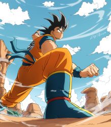 Rule 34 | 1boy, absurdres, artist name, black hair, blue footwear, boots, clenched hand, closed mouth, commentary, dougi, dragon ball, dragonball z, eegiiartto, english commentary, fighting stance, highres, looking afar, male focus, outdoors, serious, solo, son goku, spiked hair, wristband