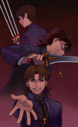 Rule 34 | 3boys, aged down, aged up, black keys (type-moon), blood+, brown eyes, brown hair, cheekbones, child, cross, cross necklace, dagger, fate/stay night, fate/zero, fate (series), jewelry, knife, kotomine kirei, male focus, multiple boys, multiple persona, necklace, outstretched hand, parody, sunday31, weapon