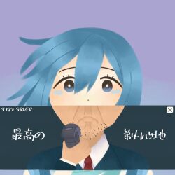 Rule 34 | 1boy, 1girl, ad, anata ni aitakute ato cm ga oosugite (vocaloid), aoki lapis, astr0n0tes, bandaid, bandaid on cheek, bandaid on face, beard stubble, blue hair, closed mouth, commentary request, electric razor, facial hair, floating hair, formal, frown, gradient background, hair between eyes, high collar, highres, holding razor, looking at viewer, necktie, portrait, purple background, razor, red necktie, romaji text, shaving, shirt, simple background, sleeveless, sleeveless shirt, straight-on, stubble, suit, tearing up, translation request, vocaloid, window (computing), wrinkled skin
