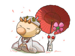 Rule 34 | 1boy, alien, alternate costume, big nose, brown hair, closed mouth, coat, colored skin, commentary request, falling petals, flower, hand fan, hat, hat flower, headwear request, holding, holding fan, holding umbrella, japanese clothes, kneeling, long sleeves, male focus, naru (wish field), nintendo, no mouth, oil-paper umbrella, olimar, petals, pikmin (creature), pikmin (series), pink flower, pointy ears, red eyes, red trim, shadow, short hair, solid circle eyes, umbrella, very short hair, white background, white coat, white headwear, white pikmin, white skin, white sleeves, wide sleeves, yellow flower