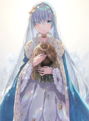Rule 34 | 1girl, anastasia (fate), blue eyes, cape, choker, crossed bangs, crown, doll, dress, eyes visible through hair, fate/grand order, fate (series), hair between eyes, hair over one eye, hairband, highres, holding, holding doll, ice, jewelry, long hair, looking at viewer, mini crown, royal robe, shun-syun, silver hair, solo, standing, very long hair, white dress, winter
