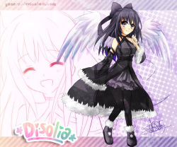 Rule 34 | 1girl, angel, bare shoulders, black eyes, black pantyhose, black theme, boots, bow, breasts, detached sleeves, disolia, female focus, french text, frills, hair bow, hair ribbon, halftone, halftone background, image sample, large breasts, long hair, original, pantyhose, partially colored, purple hair, rainbow, ribbon, skirt, smile, solo, wallpaper, wings, winter, yunare